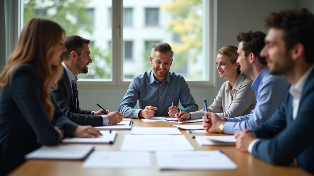 Team riunito attorno a un tavolo con lavagna, durante una sessione di brainstorming per definire la visione organizzativa