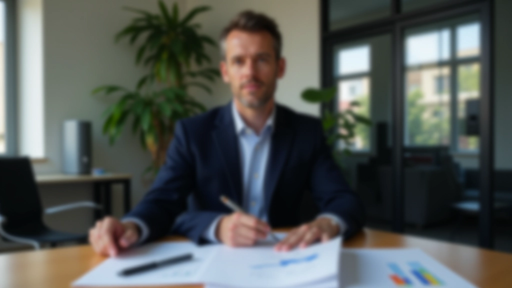 Leader che studia un piano strategico con grafici e dati su una tavola rotonda in un ufficio moderno