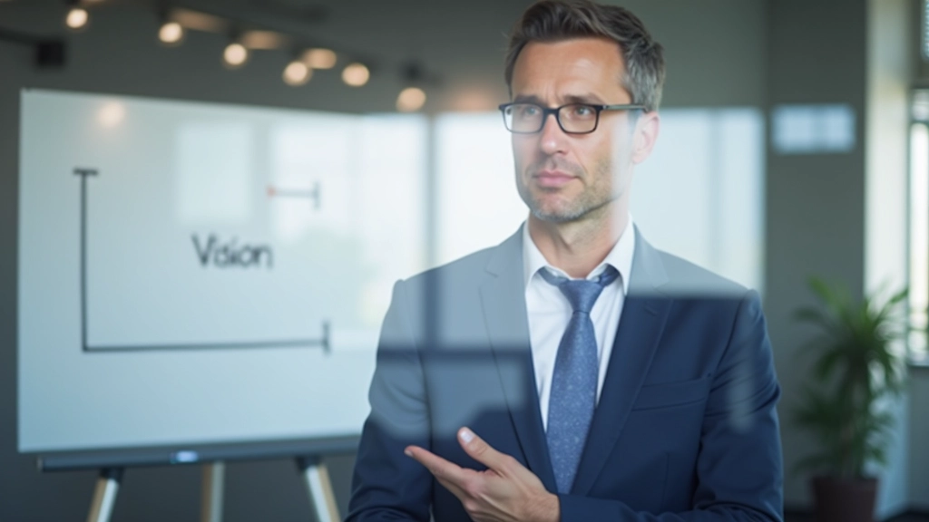 Riunione di leadership team che discute strategie, con una persona che presenta concetti di visione organizzativa