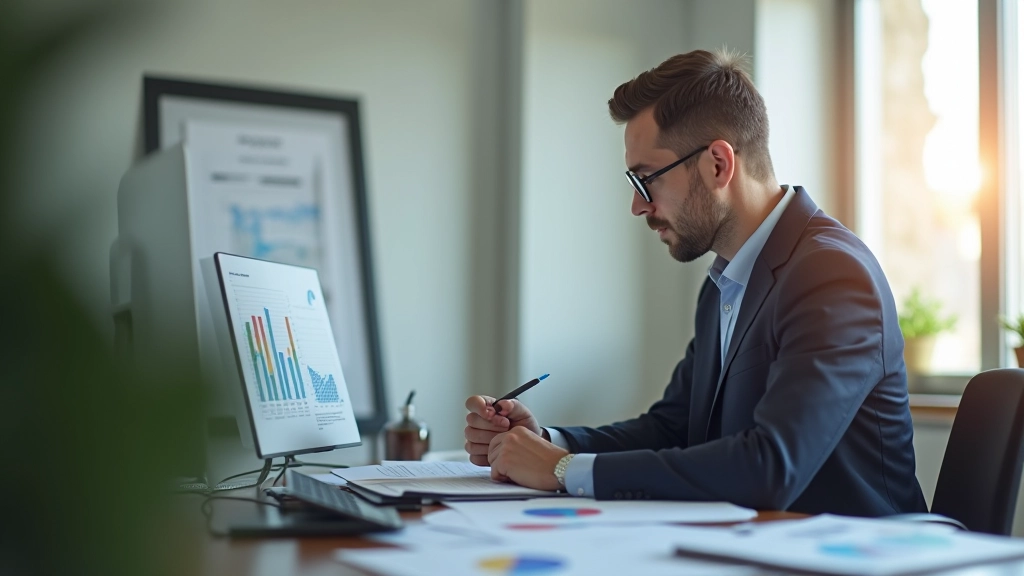 Professionista che analizza dati e tendenze di mercato su una scrivania con grafici stampati e un tablet