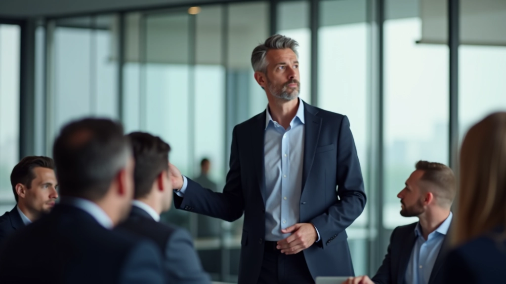 Leader che presenta una visione strategica a un team di professionisti in una sala riunioni moderna