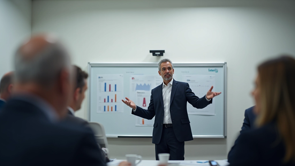 Uomo d'affari che tiene una presentazione a un gruppo di colleghi attenti in una sala riunioni moderna