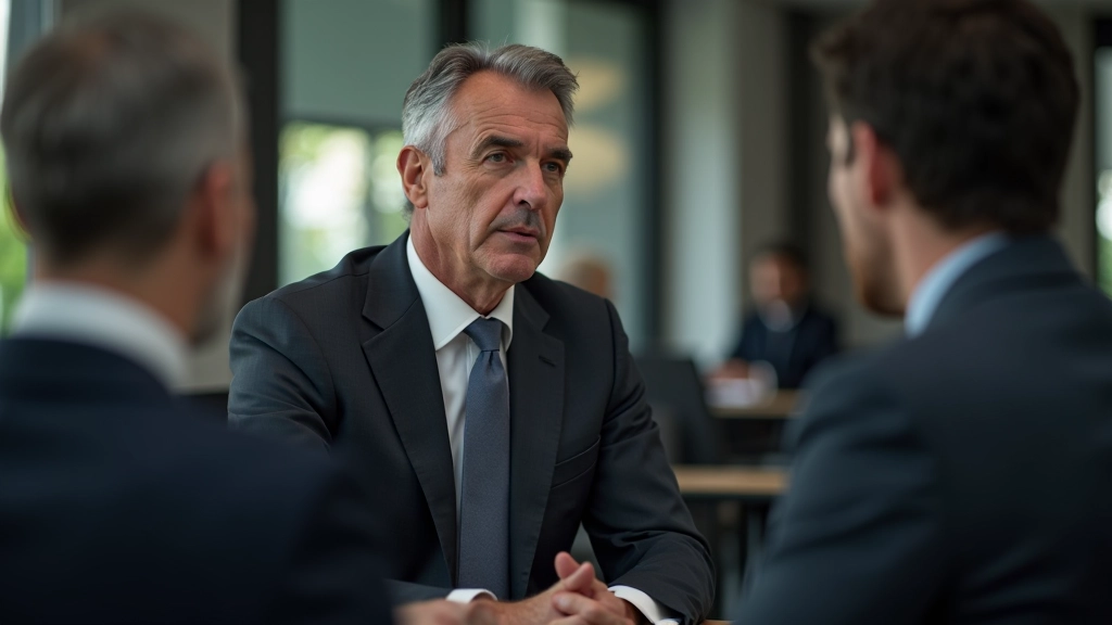 Un leader e un collaboratore seduti faccia a faccia in una conversazione seria e positiva, con appunti e un caffè sul tavolo