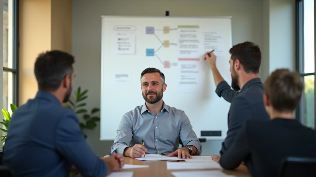 Team in una riunione strategica che discute piani su una lavagna con diagrammi e frecce