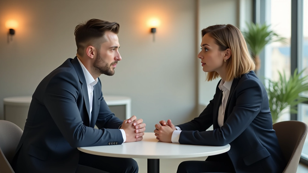 Due professionisti in conversazione privata in uno spazio tranquillo dell'ufficio, con linguaggio del corpo aperto e attentivo