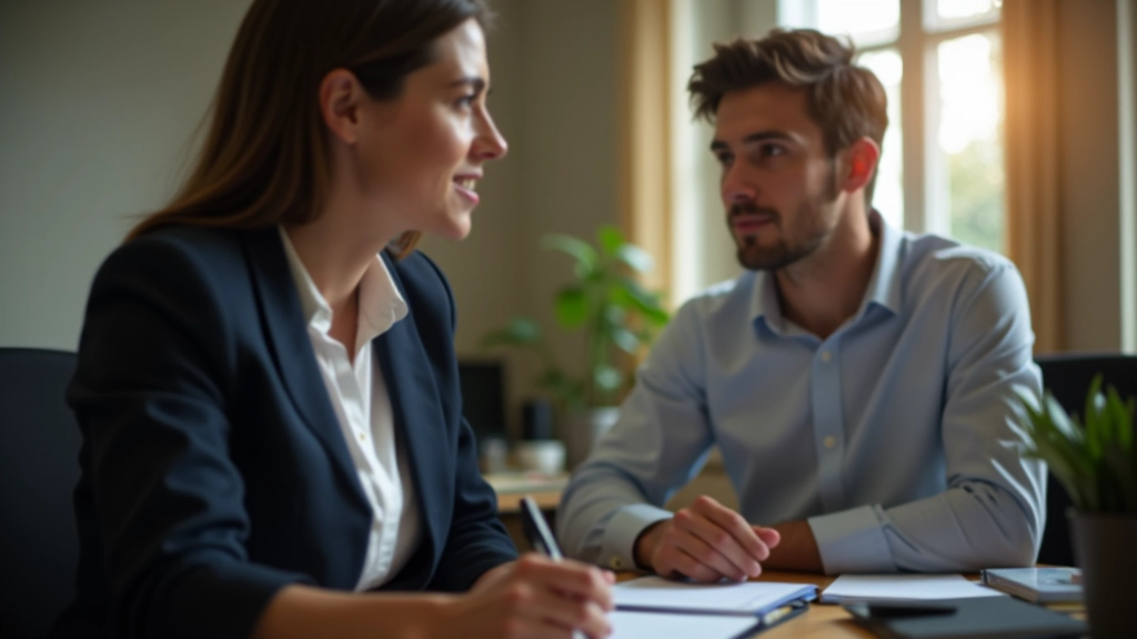 Due professionisti che conversano in un ambiente di lavoro cordiale, con cartelle di lavoro e appunti sul tavolo
