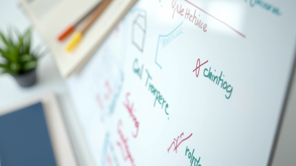 Lavagna con note scritte a mano durante una sessione di planning e goal setting, con matite colorate e un taccuino aperto