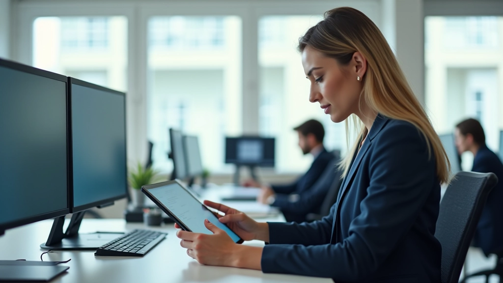Donna che analizza grafici e dati su un tablet in un ufficio con finestre grandi e luce naturale