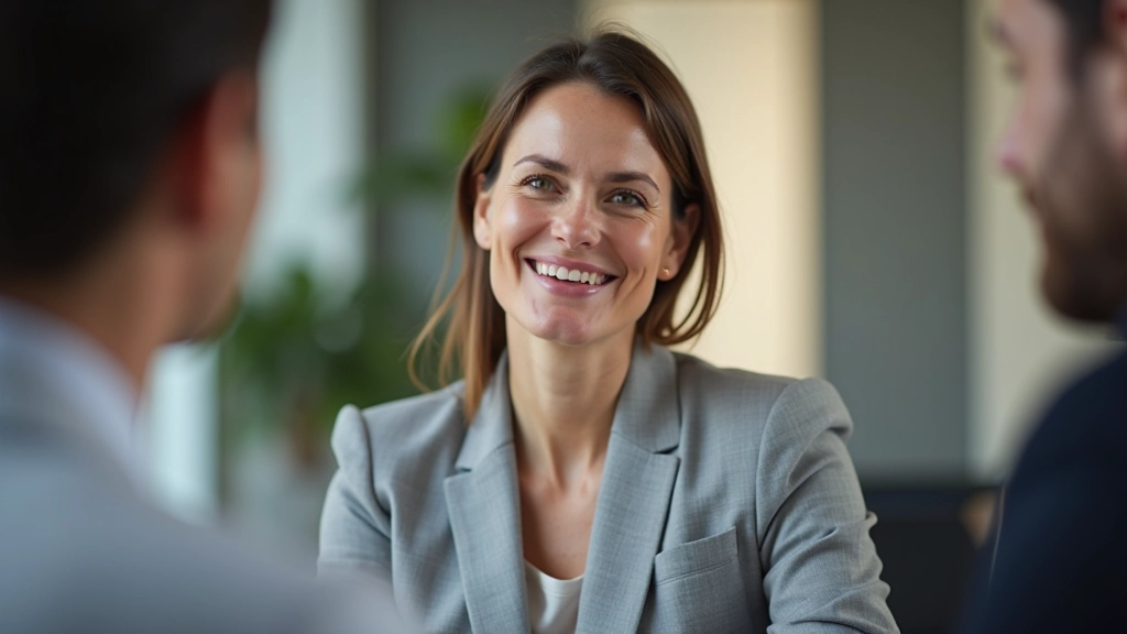 Due professionisti in una conversazione uno-a-uno, il leader mantiene contatto visivo e una postura aperta, in un ufficio con pareti luminose